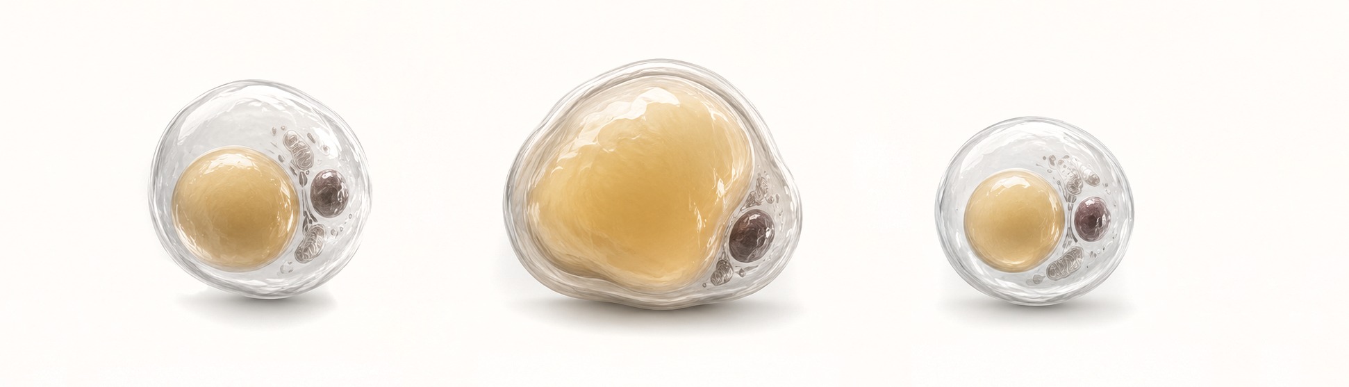 Three adipocytes shown side by side: compact, enlarged with lipid, and returned to a compact form